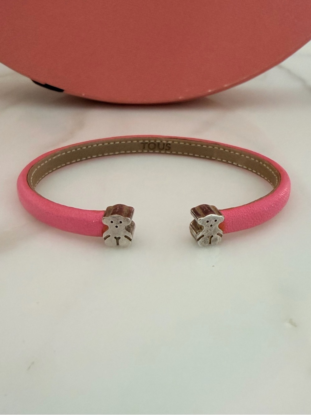 TOUS Pink Leather Open Cuff Bracelet with Bear End Caps
